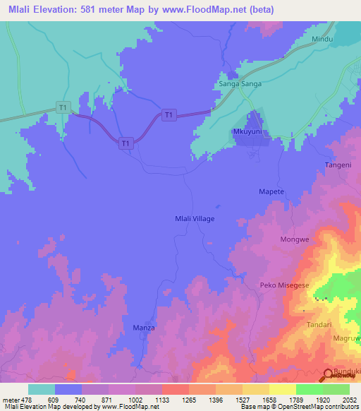 Mlali,Tanzania Elevation Map