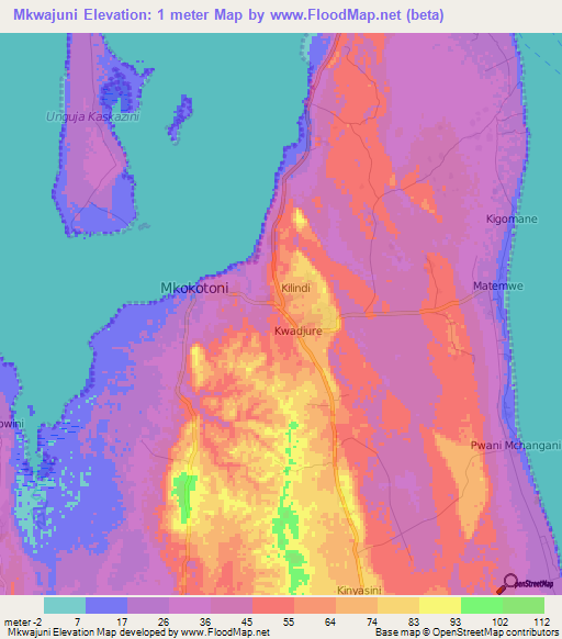 Mkwajuni,Tanzania Elevation Map