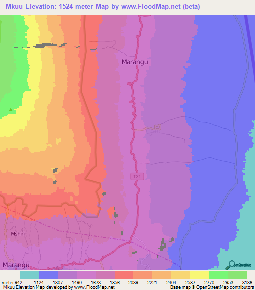 Mkuu,Tanzania Elevation Map