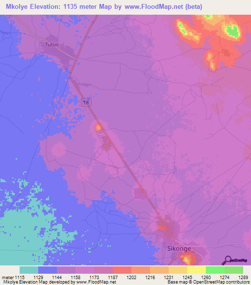 Mkolye,Tanzania Elevation Map