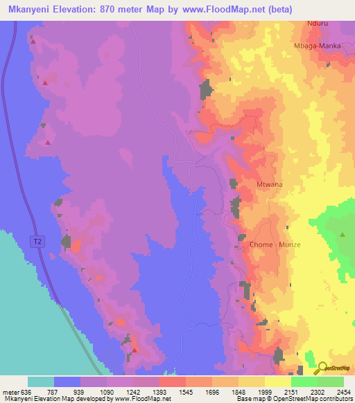 Mkanyeni,Tanzania Elevation Map