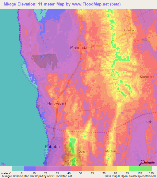 Mkage,Tanzania Elevation Map