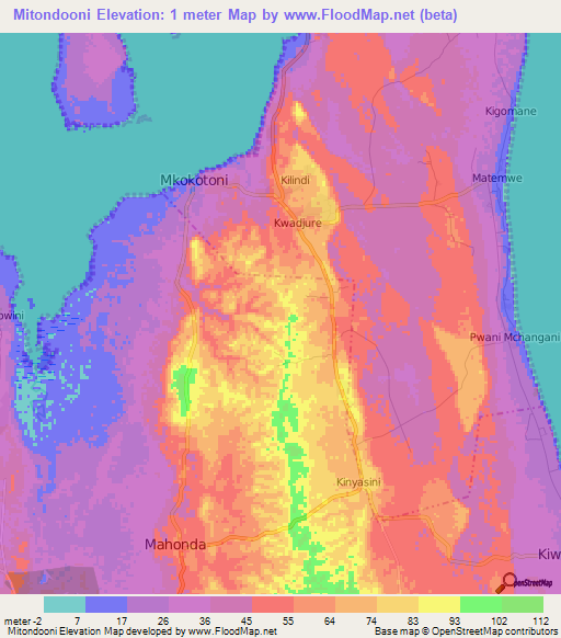 Mitondooni,Tanzania Elevation Map