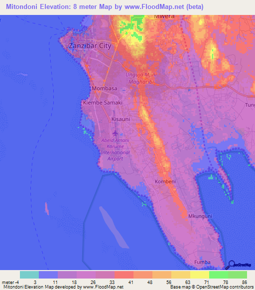 Mitondoni,Tanzania Elevation Map