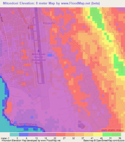 Mitondoni,Tanzania Elevation Map