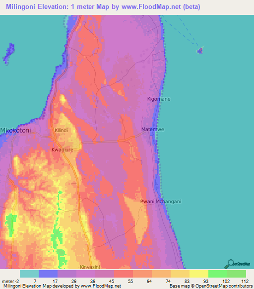 Milingoni,Tanzania Elevation Map