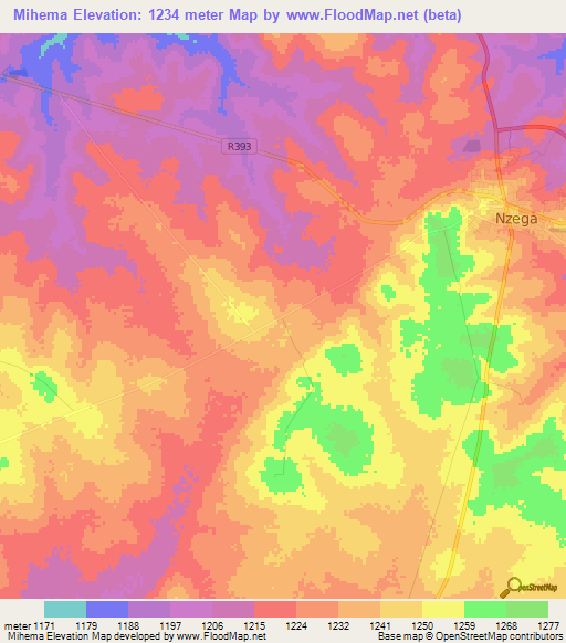 Mihema,Tanzania Elevation Map