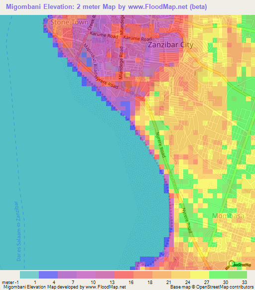 Migombani,Tanzania Elevation Map