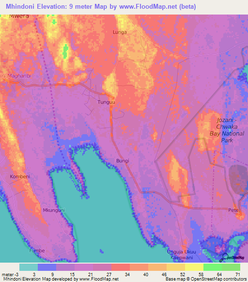 Mhindoni,Tanzania Elevation Map