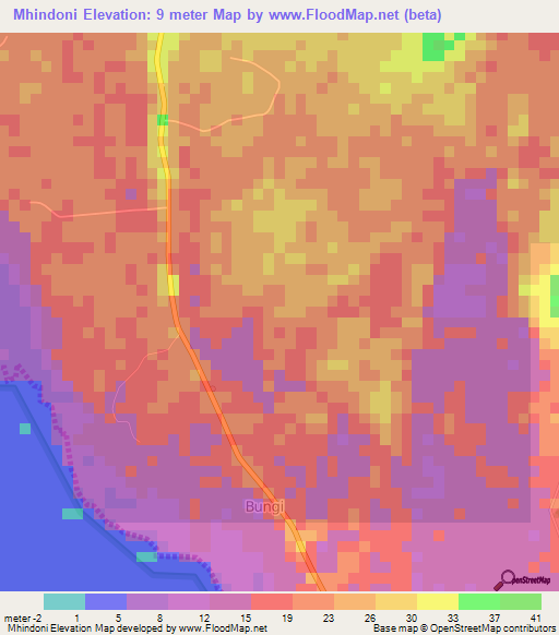 Mhindoni,Tanzania Elevation Map