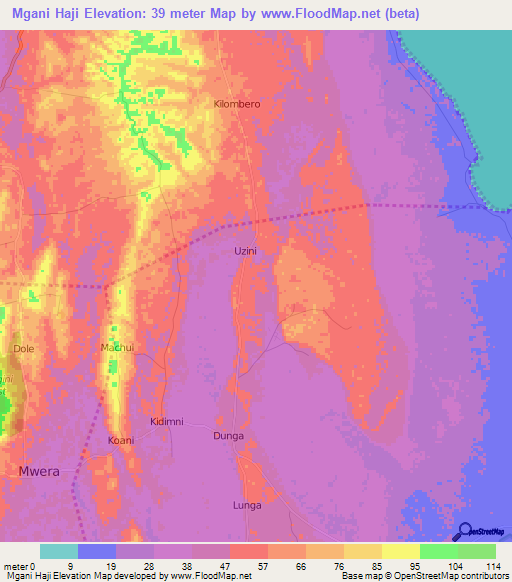 Mgani Haji,Tanzania Elevation Map