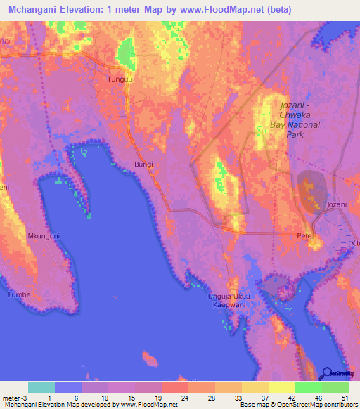 Mchangani,Tanzania Elevation Map