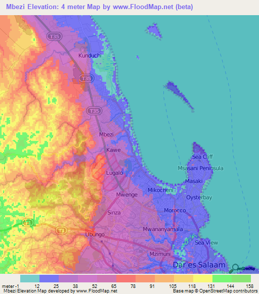 Mbezi,Tanzania Elevation Map