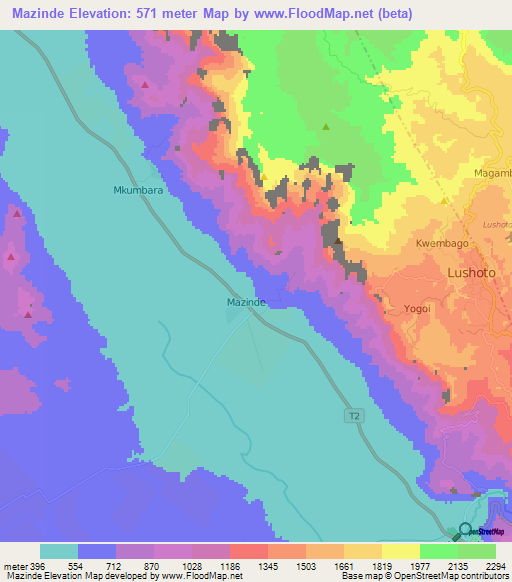 Mazinde,Tanzania Elevation Map