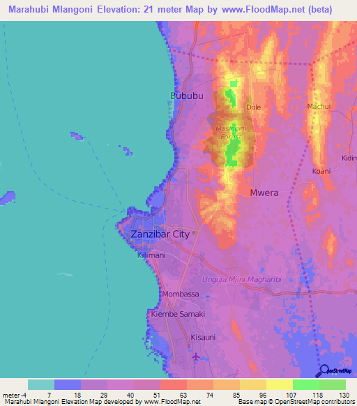 Marahubi Mlangoni,Tanzania Elevation Map