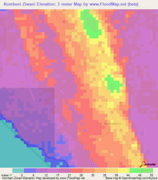 Kombeni Ziwani,Tanzania Elevation Map