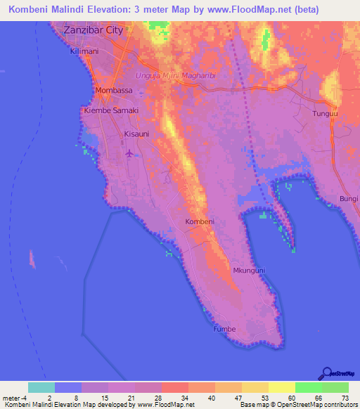 Kombeni Malindi,Tanzania Elevation Map