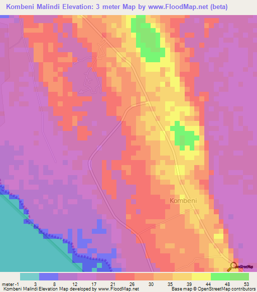 Kombeni Malindi,Tanzania Elevation Map