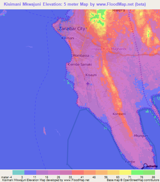 Kisimani Mkwajuni,Tanzania Elevation Map