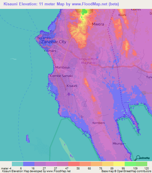 Kisauni,Tanzania Elevation Map