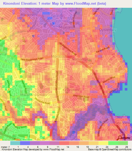 Kinondoni,Tanzania Elevation Map