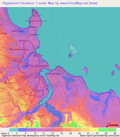 Kigamboni,Tanzania Elevation Map