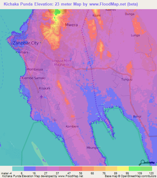 Kichaka Punda,Tanzania Elevation Map