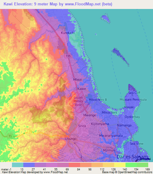 Kawi,Tanzania Elevation Map