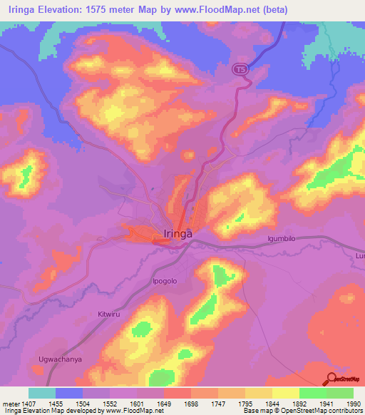 Iringa,Tanzania Elevation Map