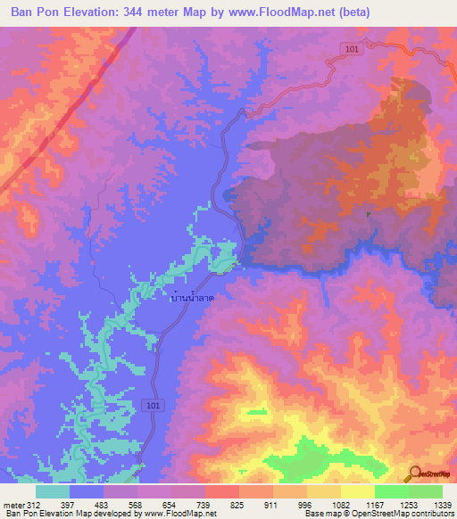 Ban Pon,Thailand Elevation Map