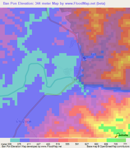 Ban Pon,Thailand Elevation Map