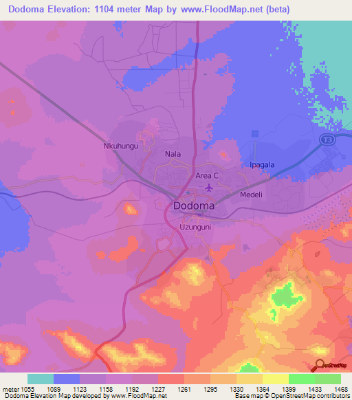 Dodoma,Tanzania Elevation Map