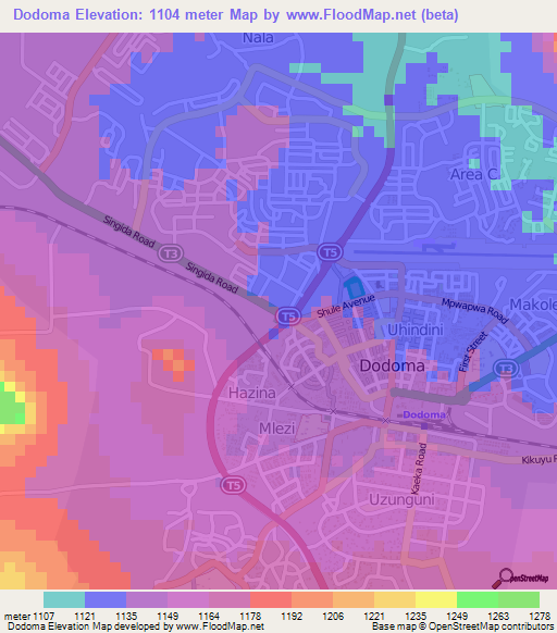 Dodoma,Tanzania Elevation Map