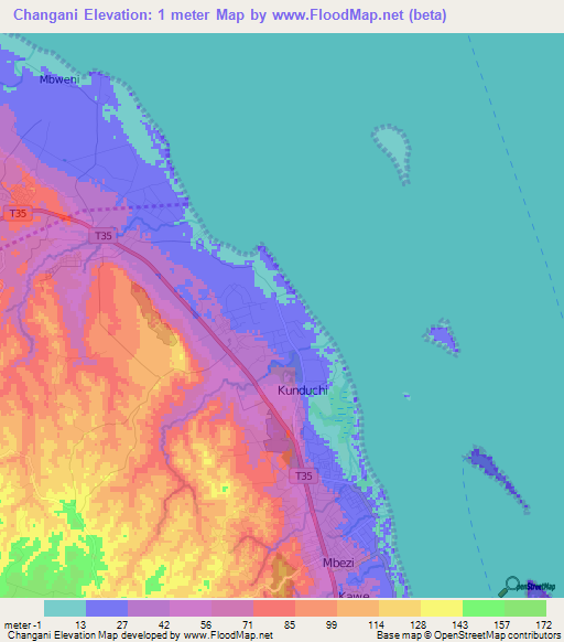 Changani,Tanzania Elevation Map