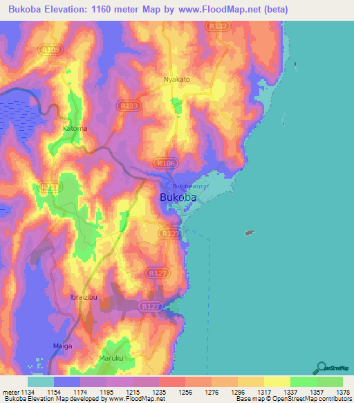 Bukoba,Tanzania Elevation Map