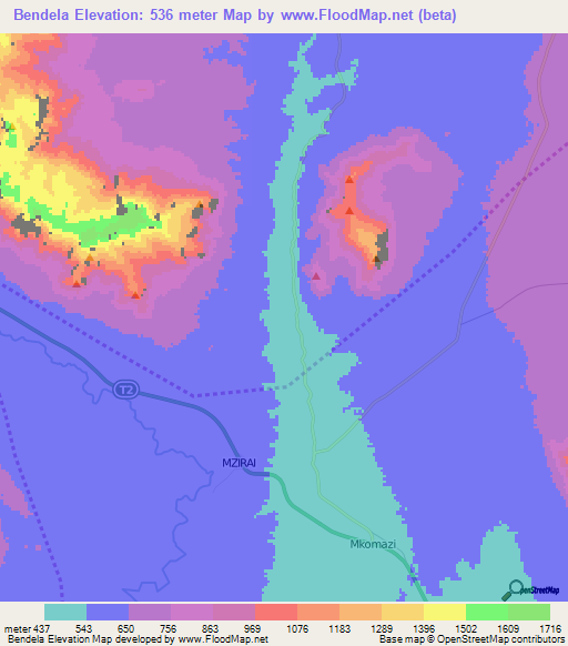 Bendela,Tanzania Elevation Map