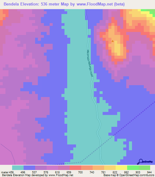 Bendela,Tanzania Elevation Map