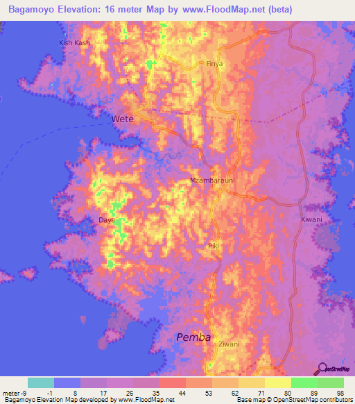 Bagamoyo,Tanzania Elevation Map
