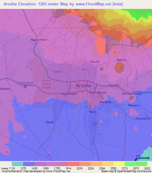 Arusha,Tanzania Elevation Map