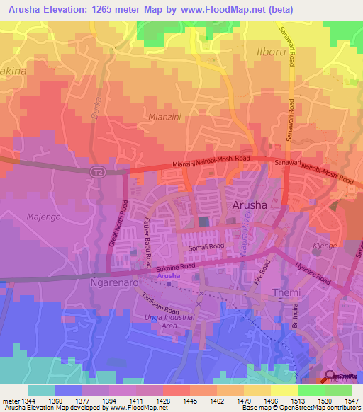 Arusha,Tanzania Elevation Map