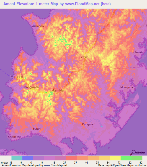 Amani,Tanzania Elevation Map