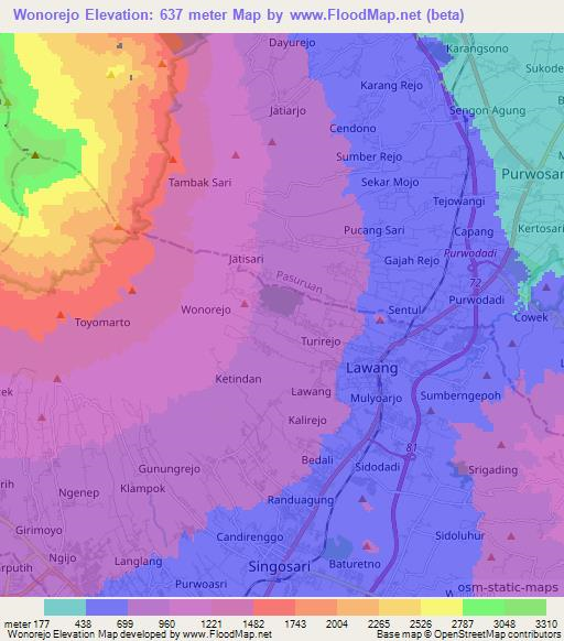 Wonorejo,Indonesia Elevation Map