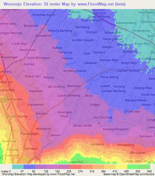 Wonorejo,Indonesia Elevation Map