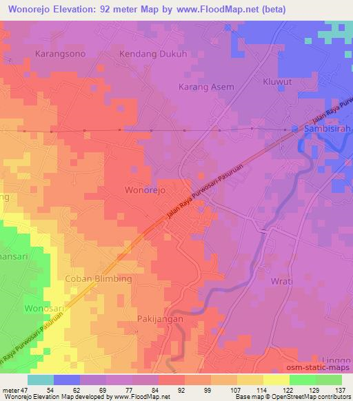 Wonorejo,Indonesia Elevation Map