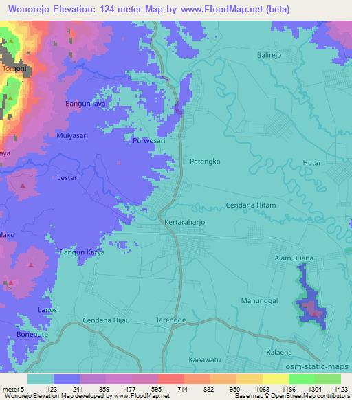 Wonorejo,Indonesia Elevation Map