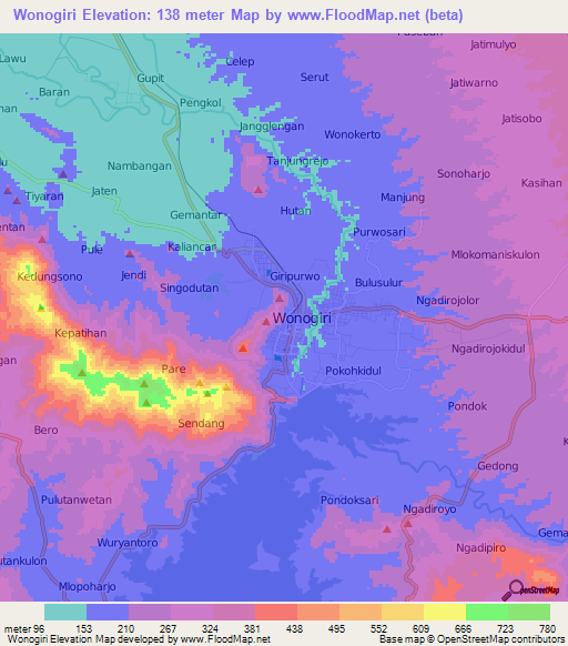 Wonogiri,Indonesia Elevation Map