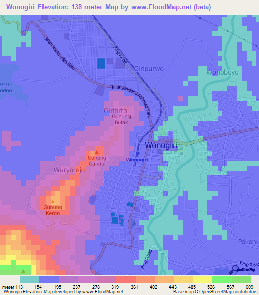 Wonogiri,Indonesia Elevation Map