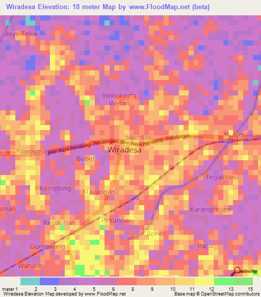 Wiradesa,Indonesia Elevation Map