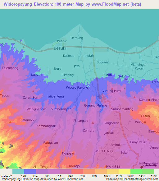 Widoropayung,Indonesia Elevation Map