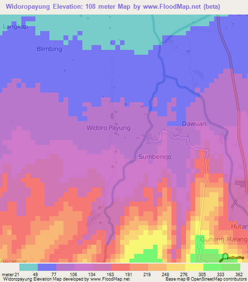 Widoropayung,Indonesia Elevation Map
